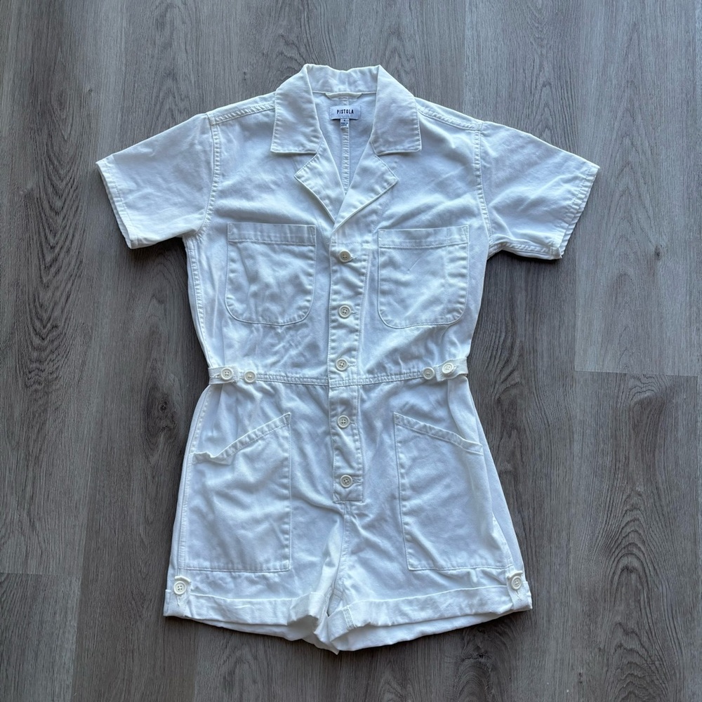 Pistola White Denim Collared Romper